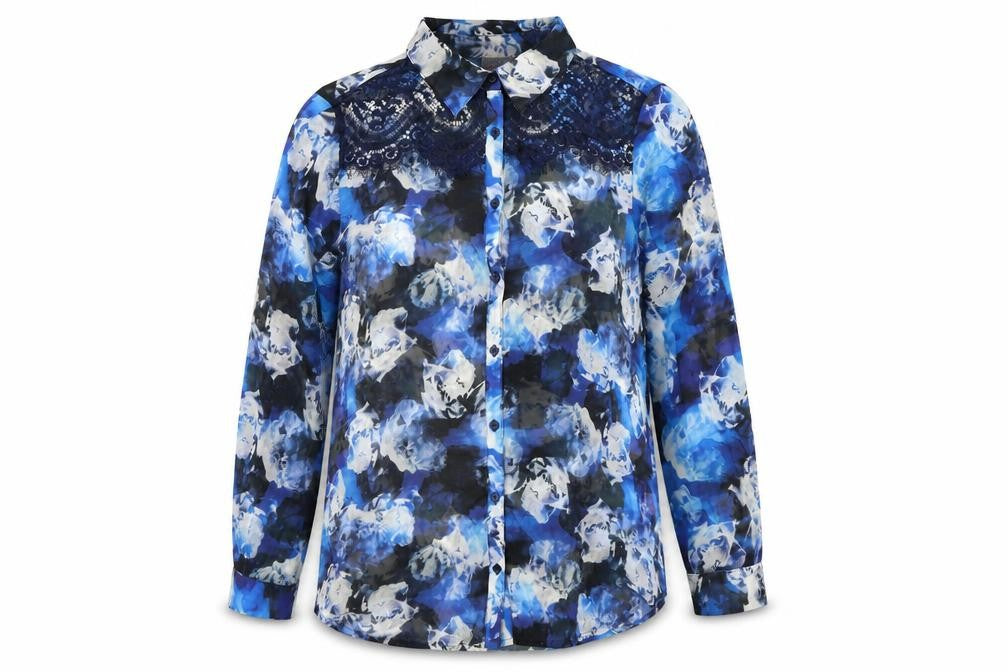 Together Womens Blue Geometric Polyester Basic Button-Up Size 12 Collared - Lace Detail Abstract