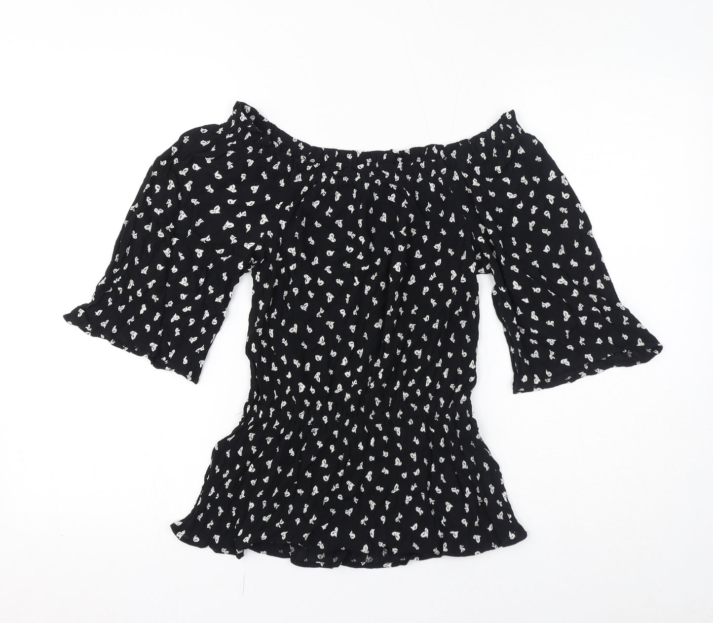 Marks and Spencer Womens Black Geometric Viscose Basic T-Shirt Size 8 Off the Shoulder