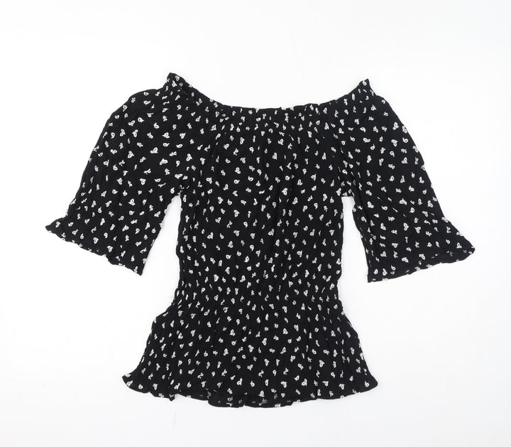Marks and Spencer Womens Black Geometric Viscose Basic T-Shirt Size 8 Off the Shoulder