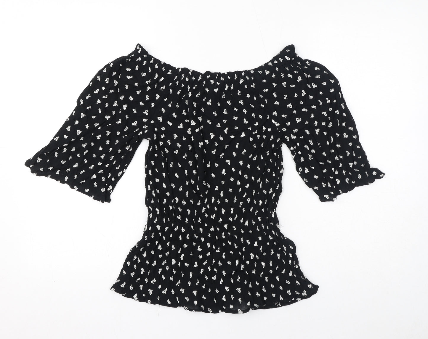 Marks and Spencer Womens Black Geometric Viscose Basic T-Shirt Size 8 Off the Shoulder