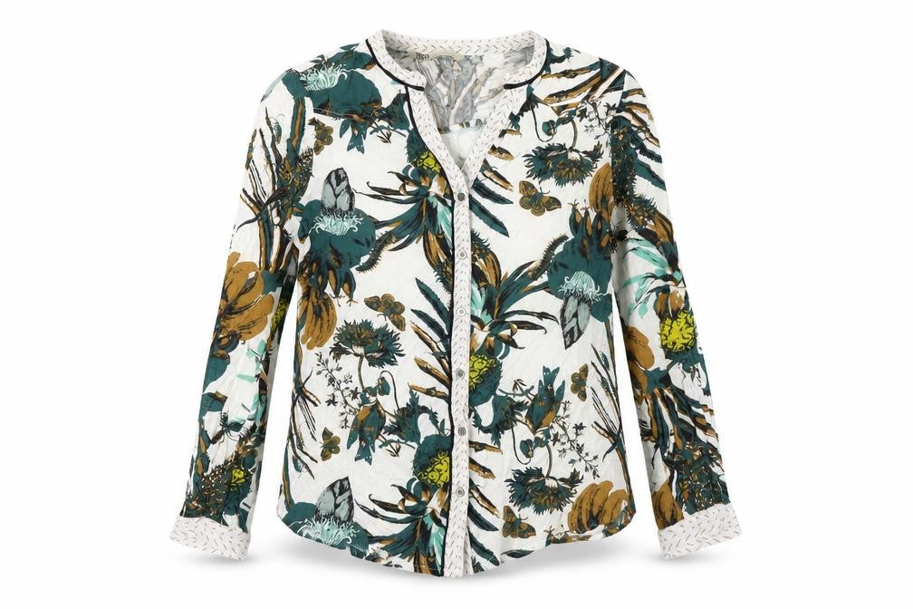 Front view of Philosophy Blues Original women’s green floral viscose basic button-up, size UK 6, v-neck