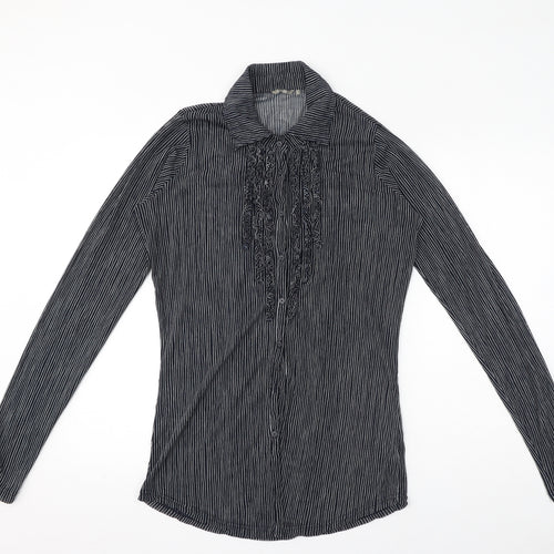 Sandwich Womens Blue Striped Polyester Basic Blouse Size L Collared - Ruffle Detail
