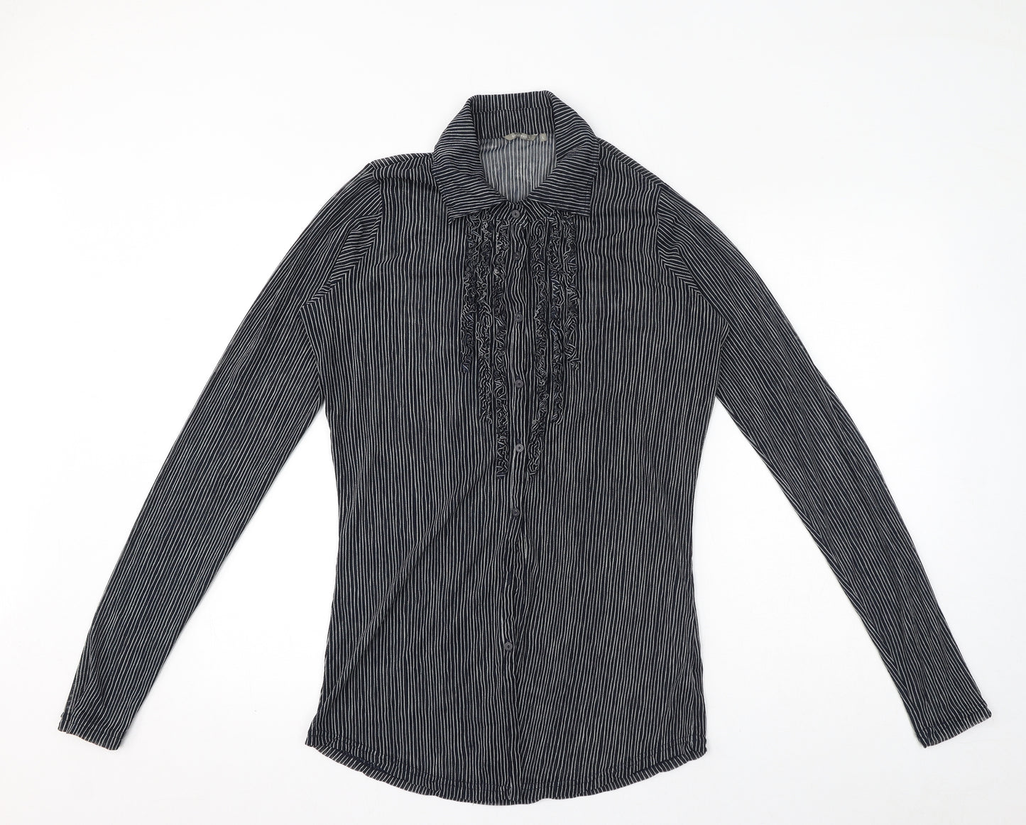 Sandwich Womens Blue Striped Polyester Basic Blouse Size L Collared - Ruffle Detail