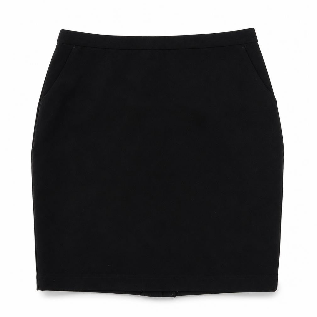 Front view of PADINI women’s black polyester straight & pencil skirt, size M, zip