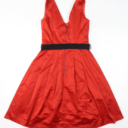 Debut Womens Red Cotton A-Line Size 8 V-Neck Zip - Belted
