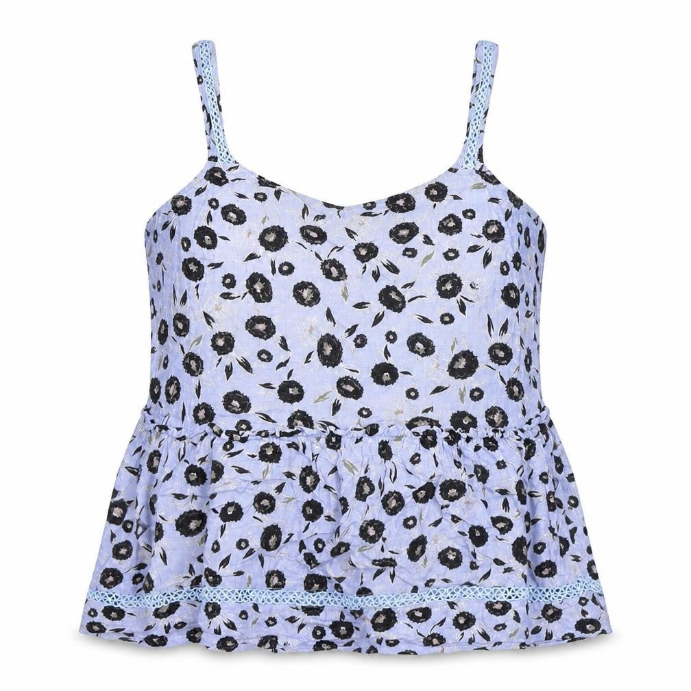 Front view of Next women’s blue floral viscose basic tank, size UK 14, square neck