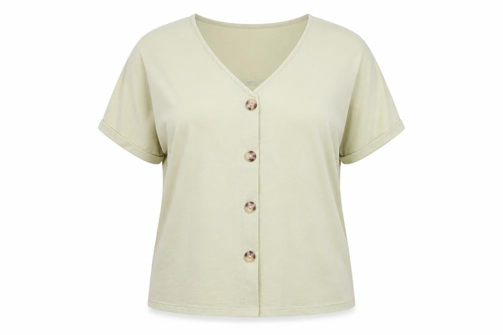 Front view of Warehouse women’s green viscose basic blouse, size UK 16, v-neck
