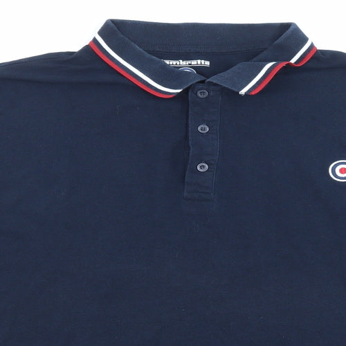 Lambretta Mens Blue Cotton Polo Size L Collared Button - Logo embroidery