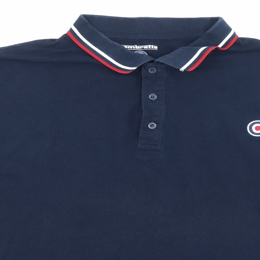 Lambretta Mens Blue Cotton Polo Size L Collared Button - Logo embroidery