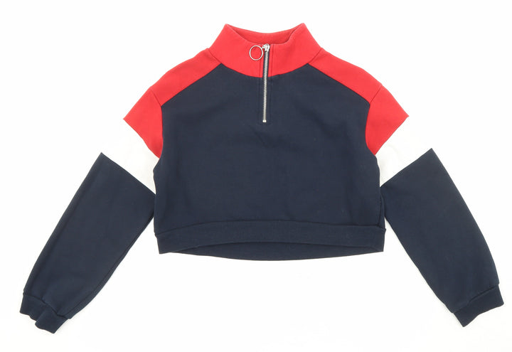 Divided by H&M Womens Blue Colourblock Cotton Pullover Sweatshirt Size XS Zip - Cropped