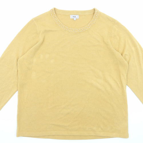 Text Womens Yellow Boat Neck Acrylic Pullover Jumper Size XL - Embellished neckline
