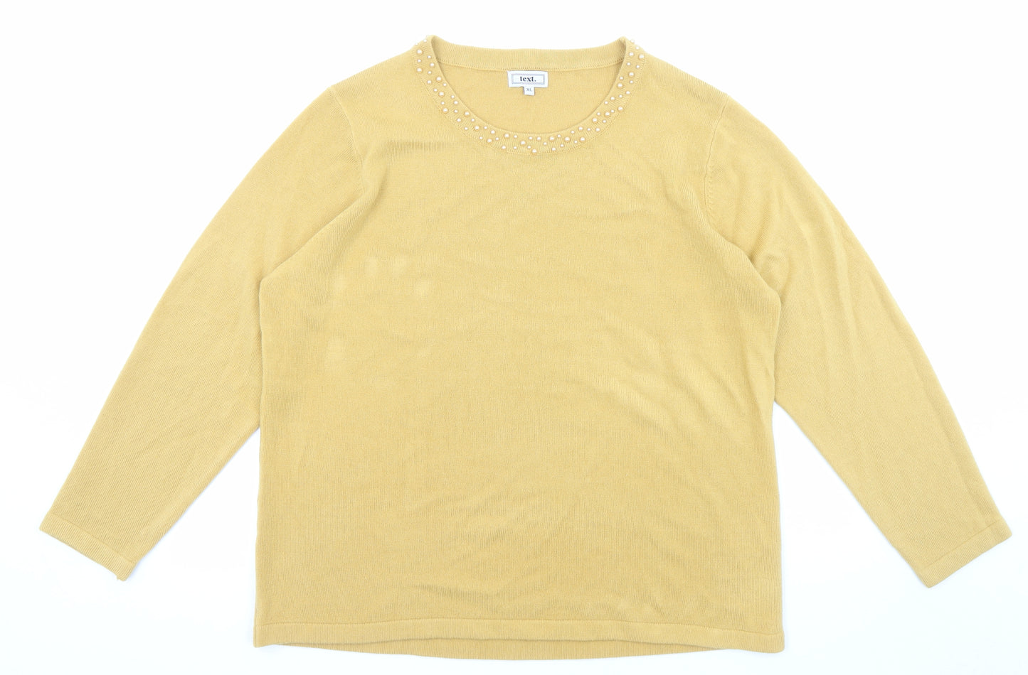 Text Womens Yellow Boat Neck Acrylic Pullover Jumper Size XL - Embellished neckline