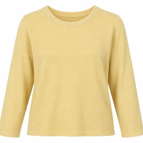 Text Womens Yellow Boat Neck Acrylic Pullover Jumper Size XL - Embellished neckline