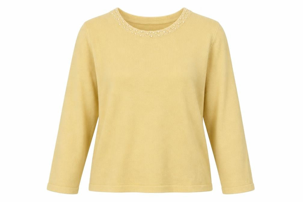 Text Womens Yellow Boat Neck Acrylic Pullover Jumper Size XL - Embellished neckline