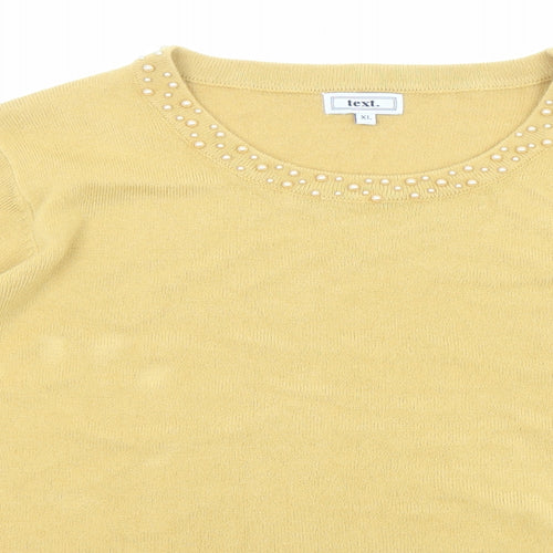 Text Womens Yellow Boat Neck Acrylic Pullover Jumper Size XL - Embellished neckline