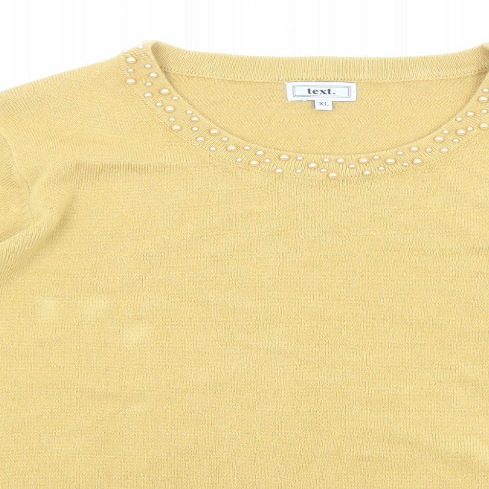 Text Womens Yellow Boat Neck Acrylic Pullover Jumper Size XL - Embellished neckline
