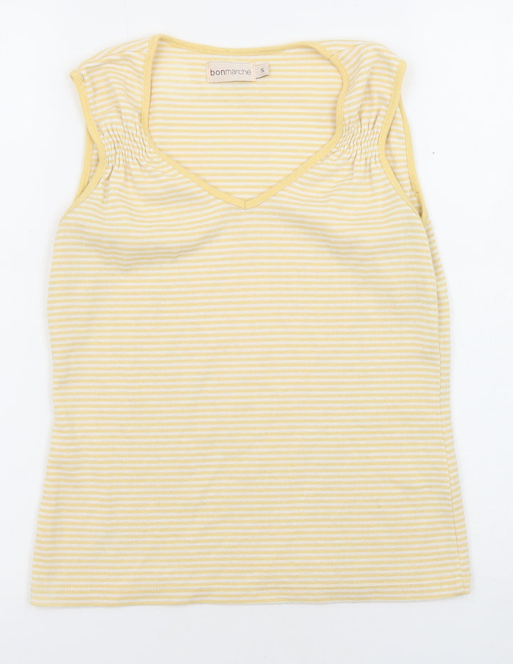 Bonmarché Womens Yellow Striped Polyester Basic T-Shirt Size S V-Neck