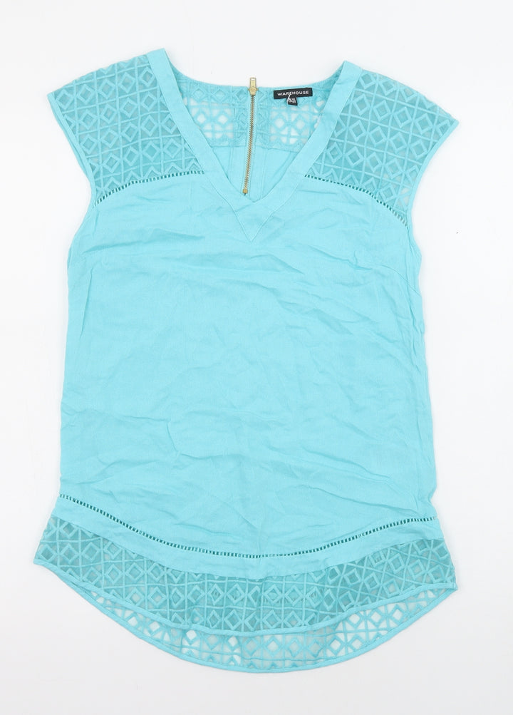 Warehouse Womens Blue Viscose Basic Blouse Size 10 V-Neck