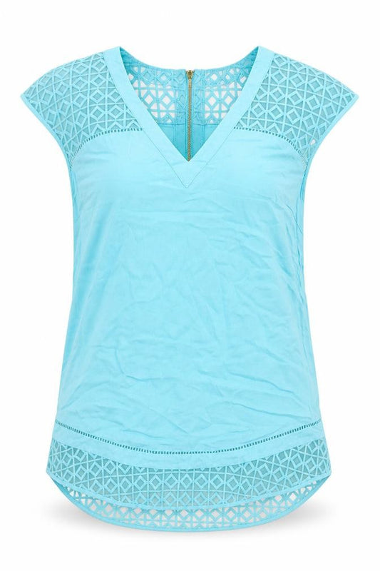 Front view of Warehouse women’s blue viscose basic blouse, size UK 10, v-neck