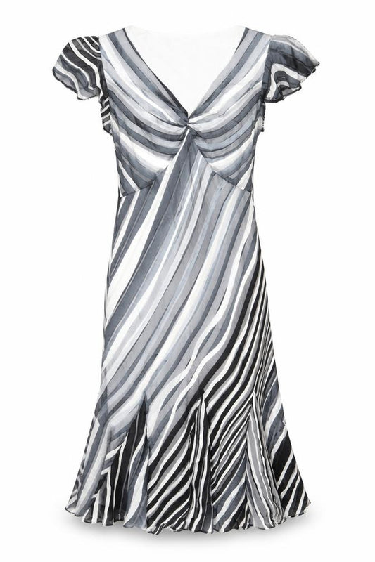 Front view of Country Casuals women’s grey striped viscose shift, size UK 10, v-neck pullover