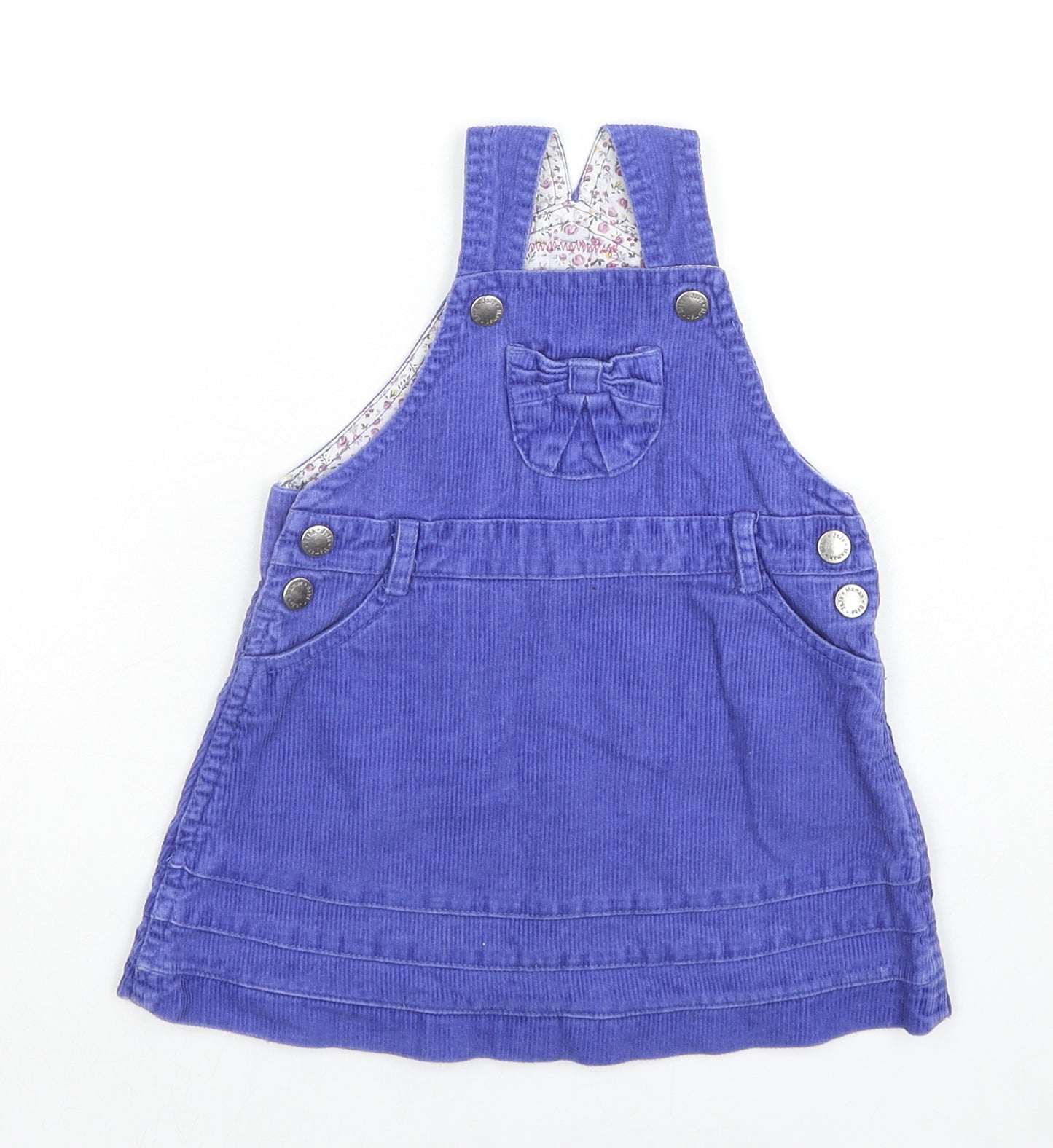 JoJo Maman Bébé Girls Blue Cotton Pinafore/Dungaree Dress Size 12-18 Months Square Neck Snap