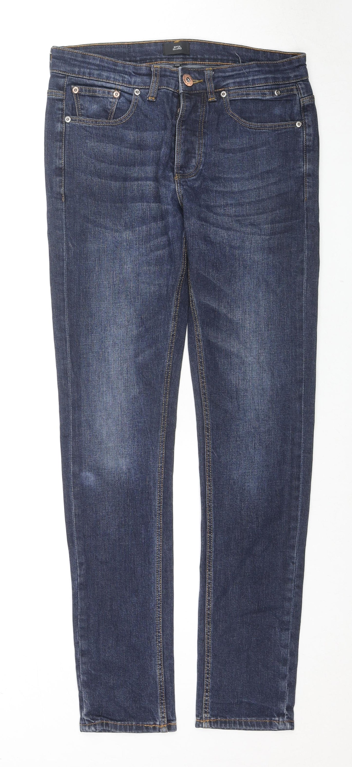 River Island Mens Blue Cotton Skinny Jeans Size 28 in L30 in Regular Button