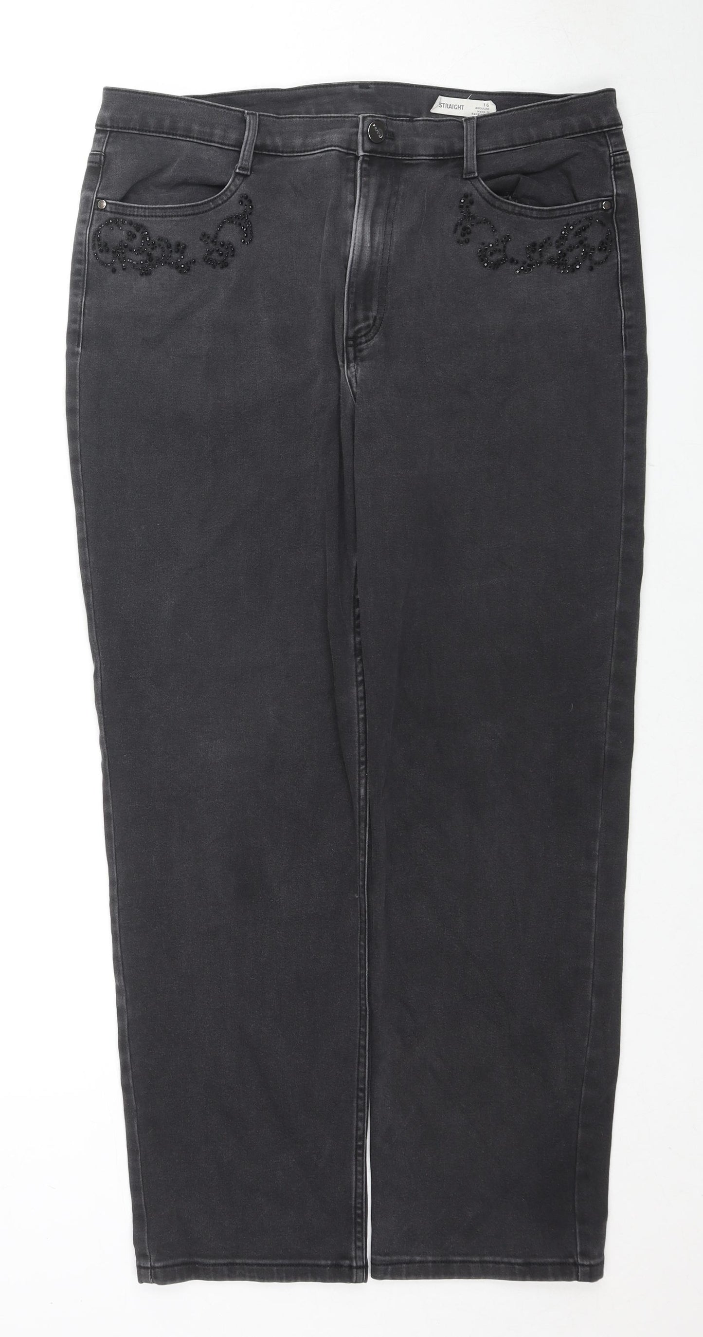 Marks and Spencer Womens Black Cotton Straight Jeans Size 16 L28 in Regular Zip