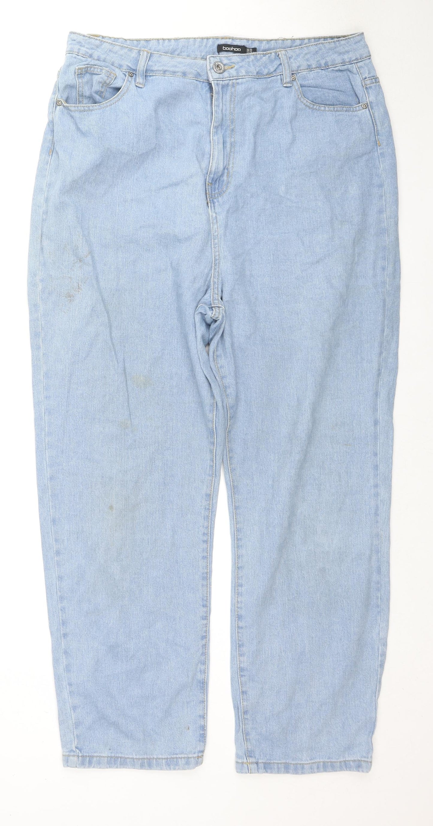 Boohoo Womens Blue Cotton Straight Jeans Size 16 L28 in Regular Zip