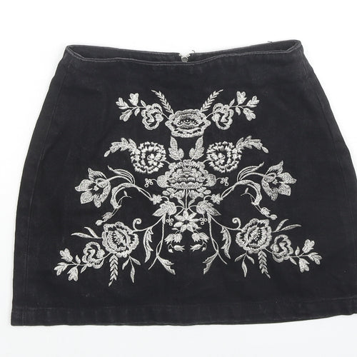 Topshop Womens Black Floral Cotton Mini Skirt Size 4 Zip