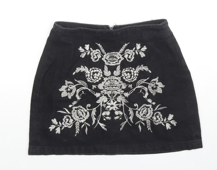 Topshop Womens Black Floral Cotton Mini Skirt Size 4 Zip