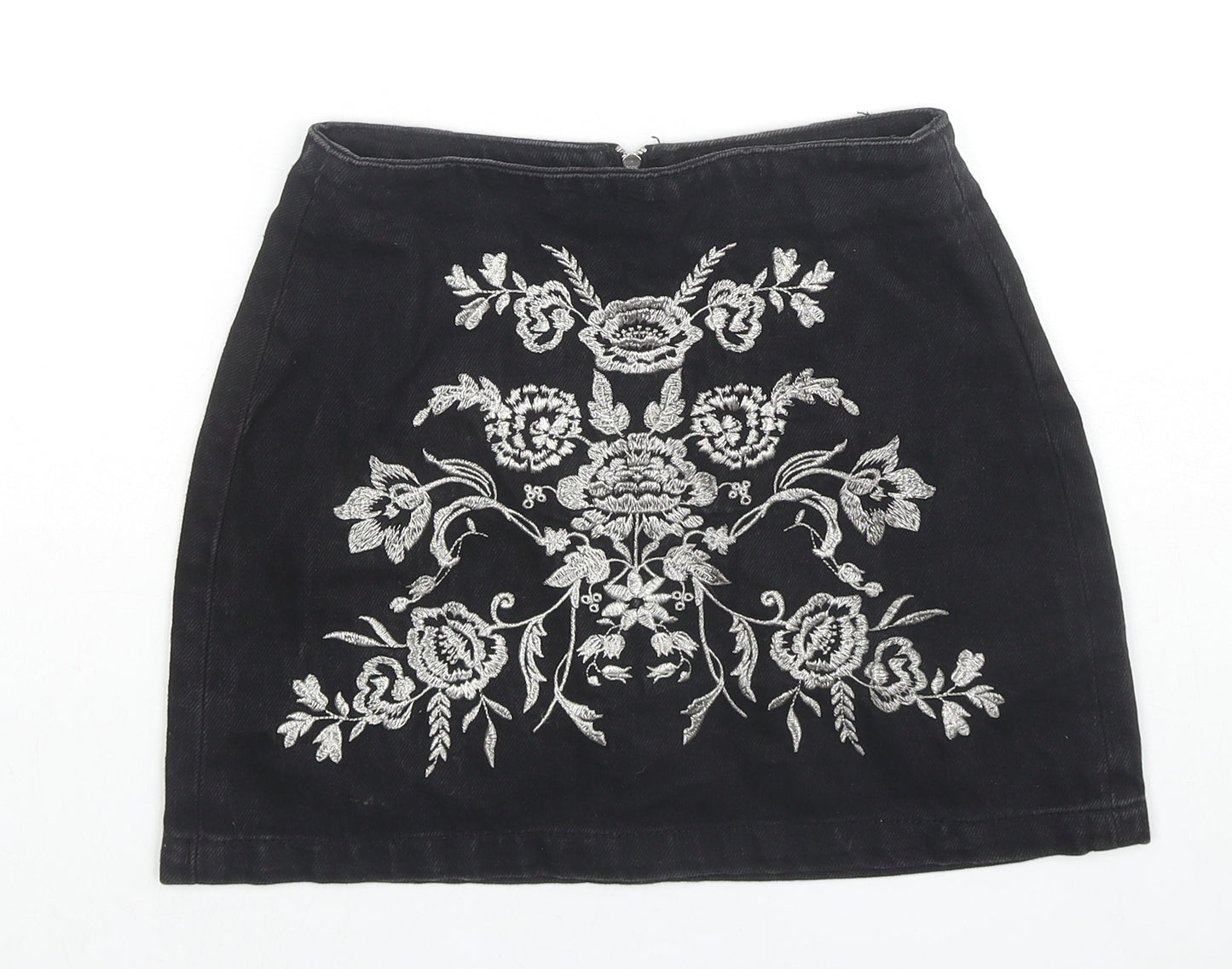 Topshop Womens Black Floral Cotton Mini Skirt Size 4 Zip