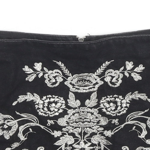 Topshop Womens Black Floral Cotton Mini Skirt Size 4 Zip