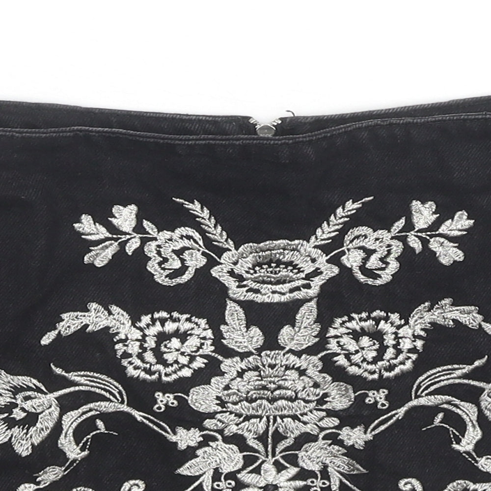Topshop Womens Black Floral Cotton Mini Skirt Size 4 Zip