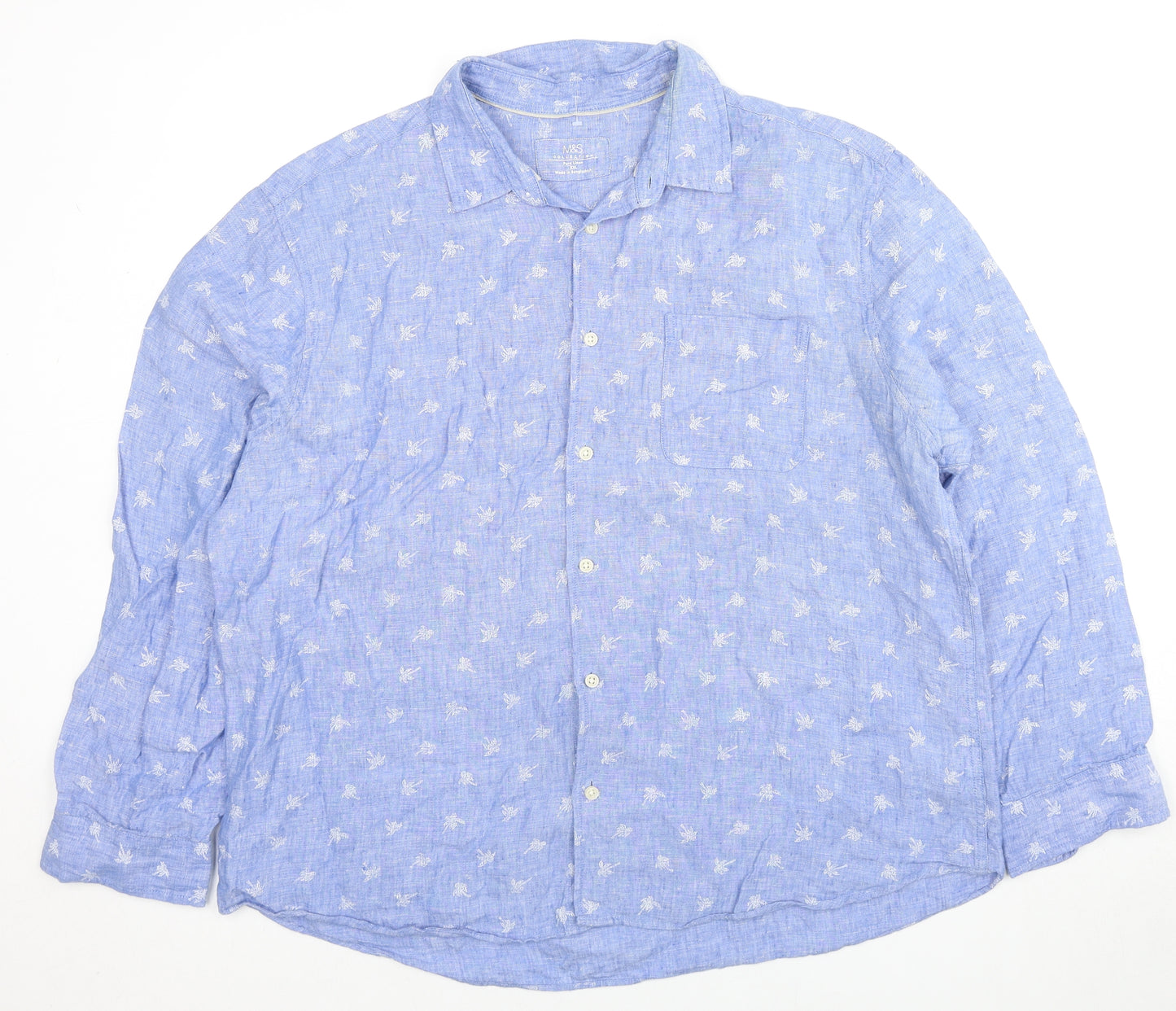 Marks and Spencer Mens Blue Floral Linen Button-Up Size 2XL Collared Button - Palm Trees