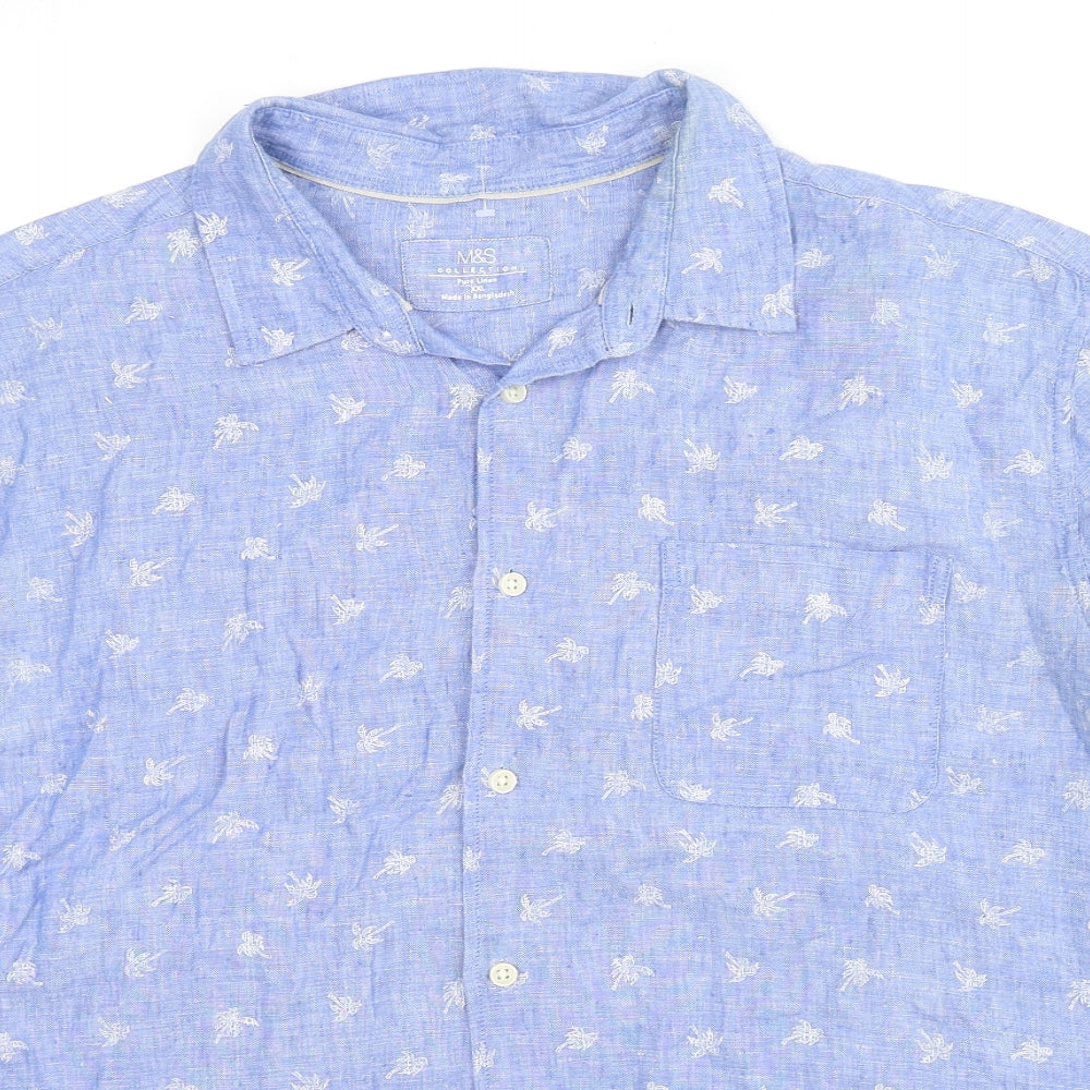 Marks and Spencer Mens Blue Floral Linen Button-Up Size 2XL Collared Button - Palm Trees