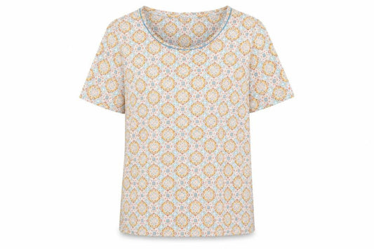 Front view of Classics women’s multicoloured geometric viscose basic t-shirt, size UK 14, round neck