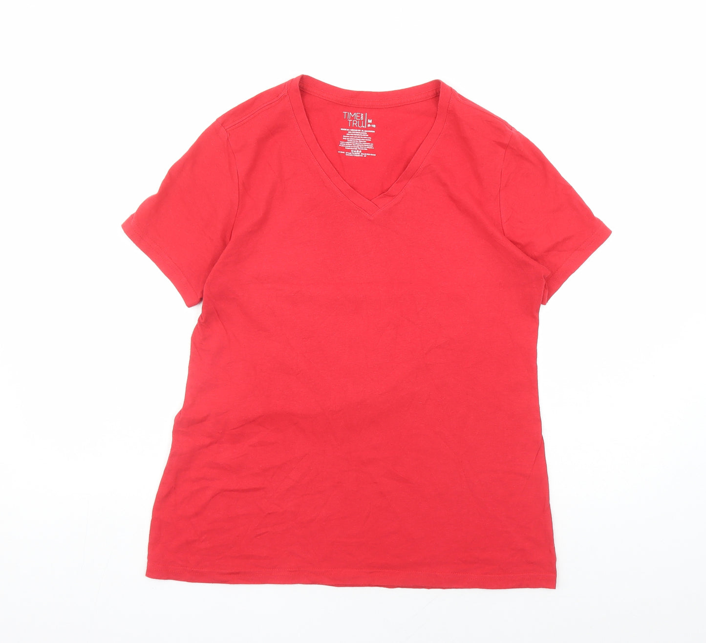 Time and Tru Womens Red Cotton Basic T-Shirt Size 8 V-Neck - Size 8-10