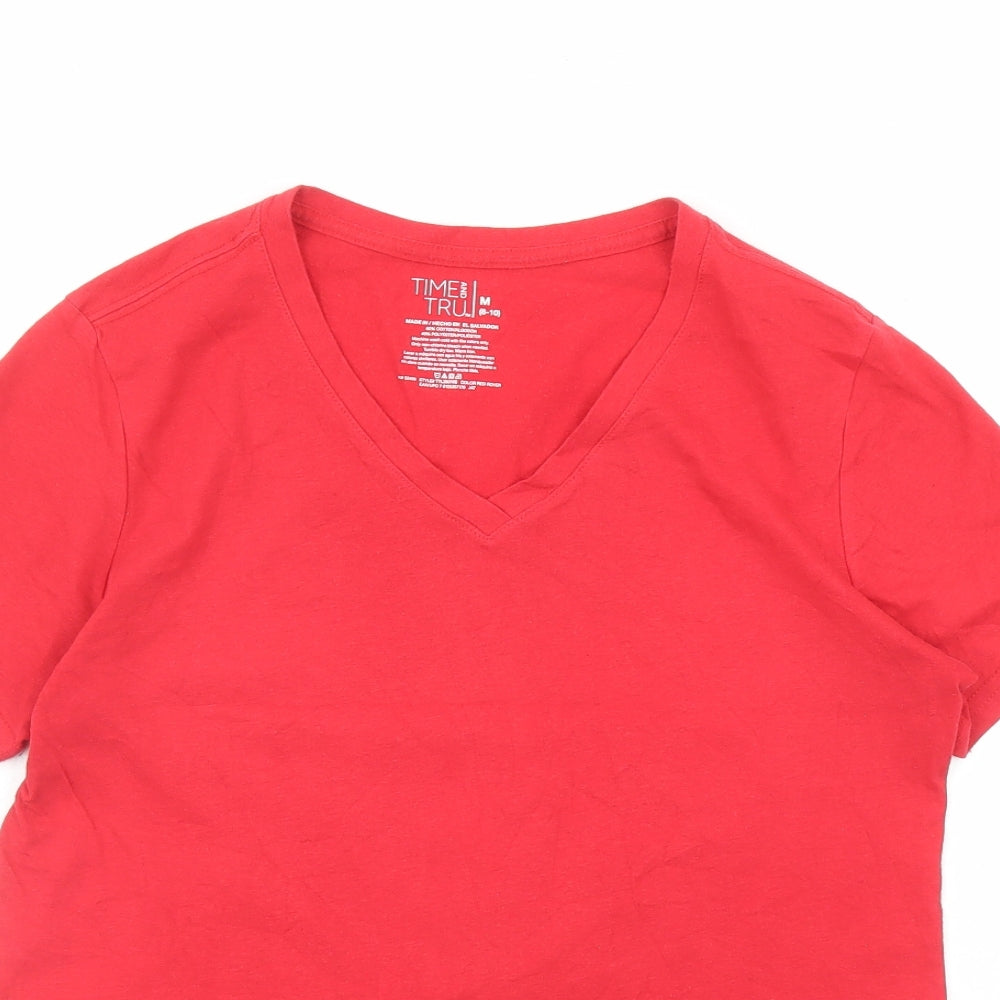 Time and Tru Womens Red Cotton Basic T-Shirt Size 8 V-Neck - Size 8-10