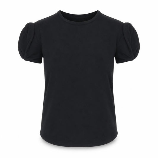 Front view of ASOS women’s black polyester basic t-shirt, size UK 10, round neck