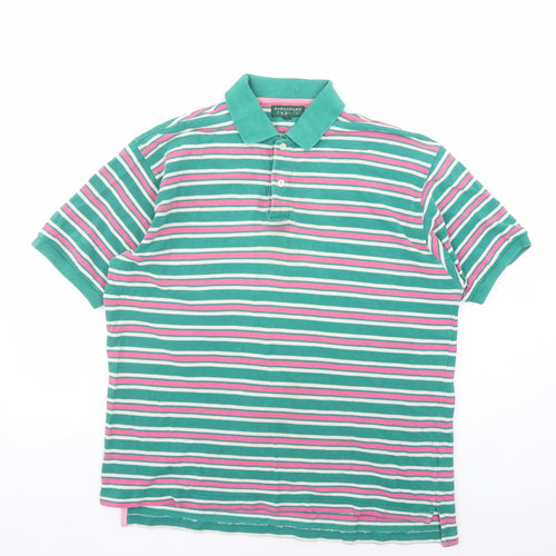 Hawkshead Mens Green Striped Polyester Polo Size S Collared Button