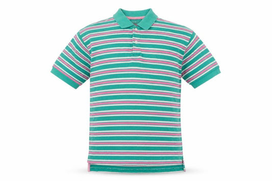 Front view of Hawkshead men’s green striped polyester polo, size S, collared button