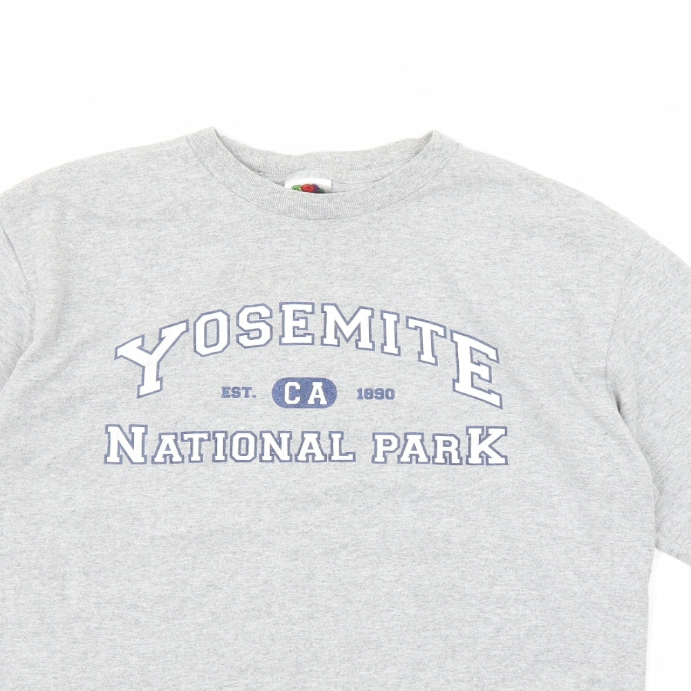 Fruit of the Loom Mens Grey Cotton T-Shirt Size M Crew Neck - Yosemite National Park