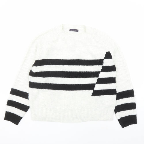 Marks and Spencer Womens Grey Round Neck Striped Acrylic Pullover Jumper Size M