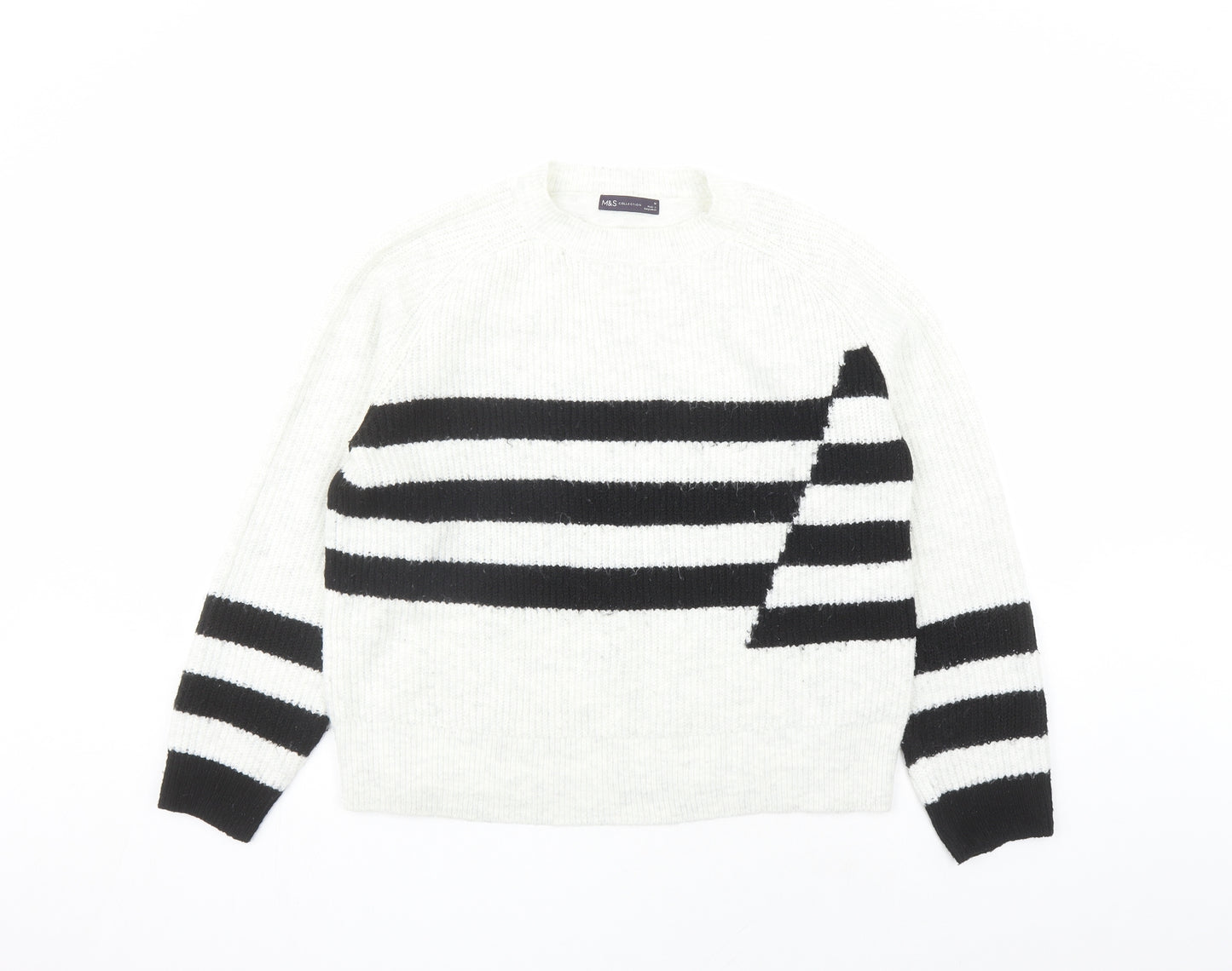 Marks and Spencer Womens Grey Round Neck Striped Acrylic Pullover Jumper Size M