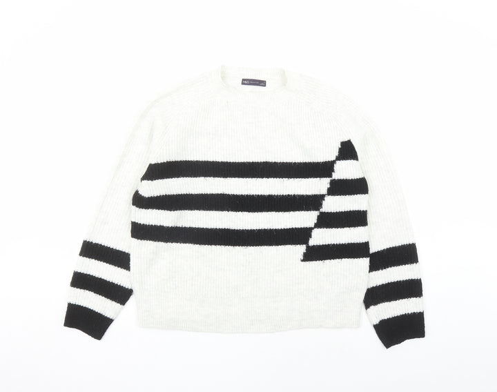 Marks and Spencer Womens Grey Round Neck Striped Acrylic Pullover Jumper Size M