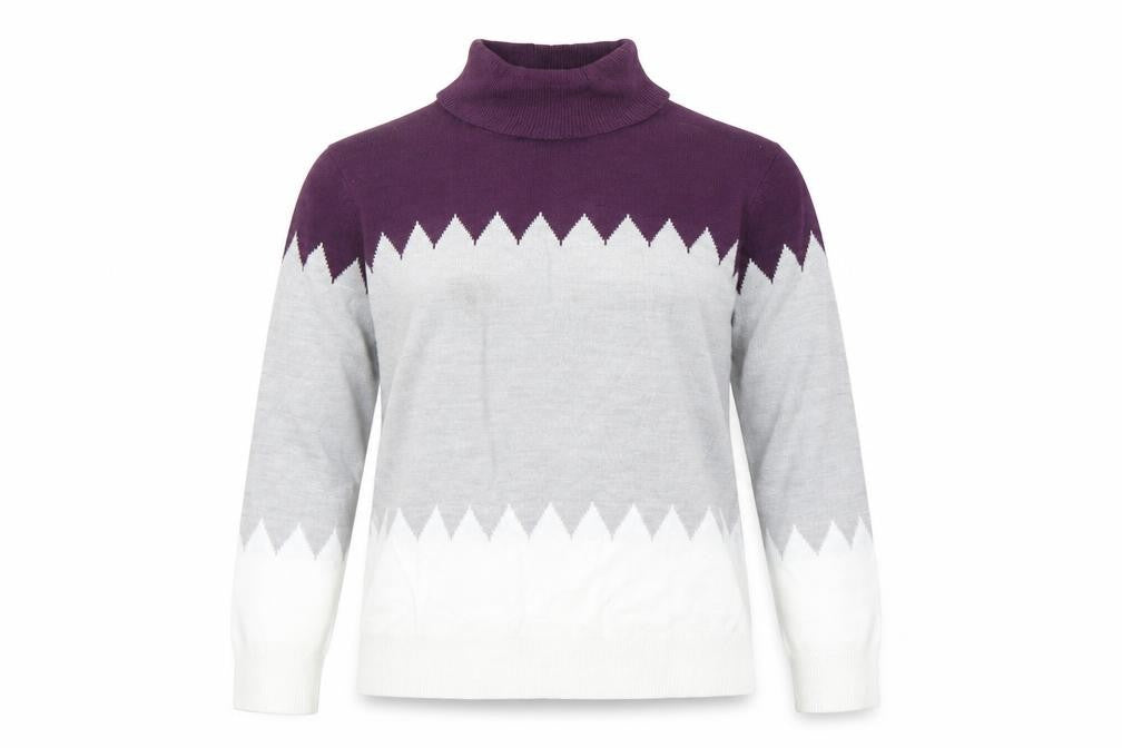 Front view of Marks & Spencer women’s multicoloured roll neck acrylic jumper, size UK 8