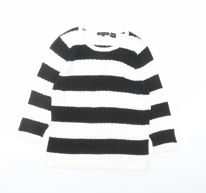 Jeanne Pierre Womens White Round Neck Striped Cotton Pullover Jumper Size M