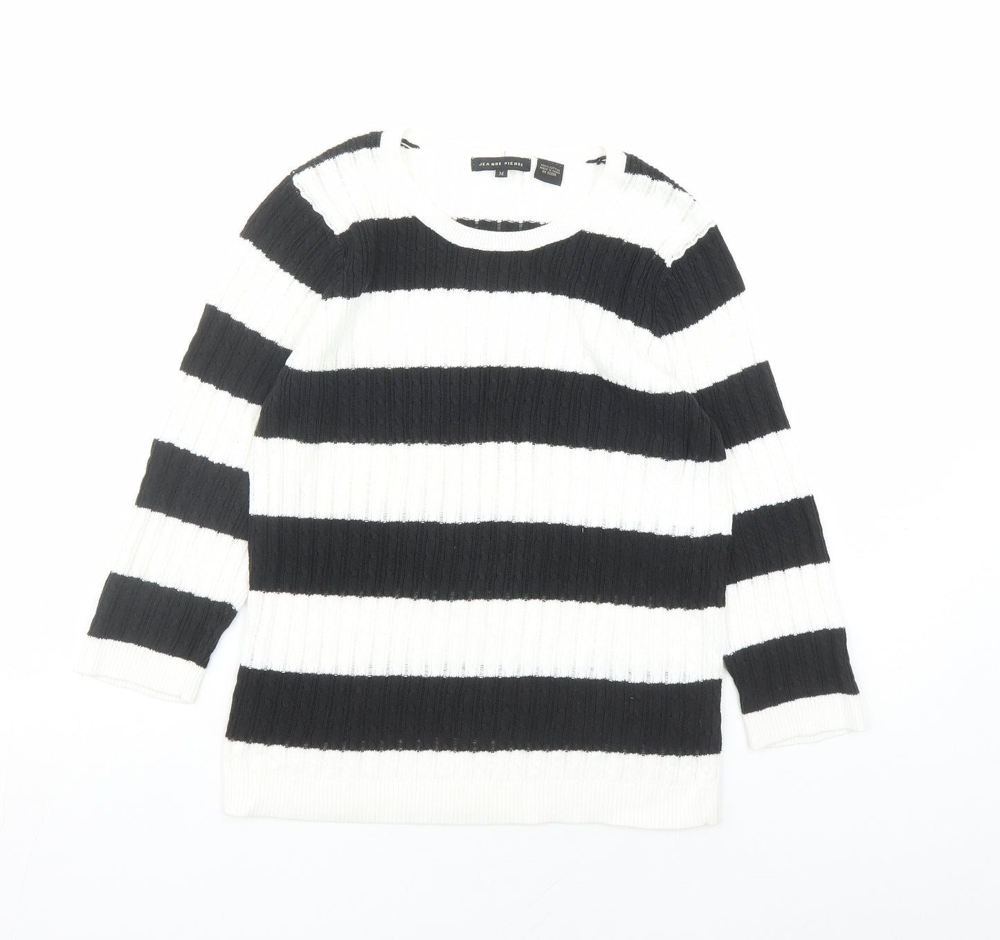 Jeanne Pierre Womens White Round Neck Striped Cotton Pullover Jumper Size M