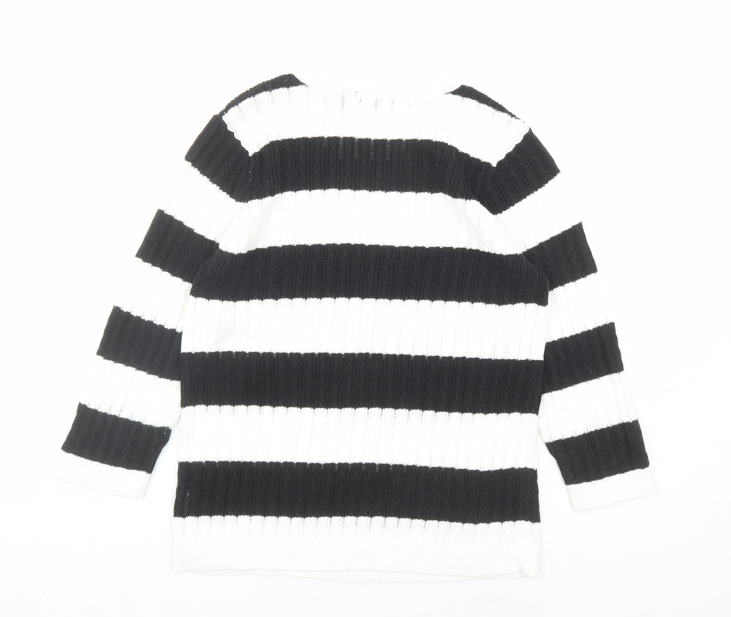 Jeanne Pierre Womens White Round Neck Striped Cotton Pullover Jumper Size M