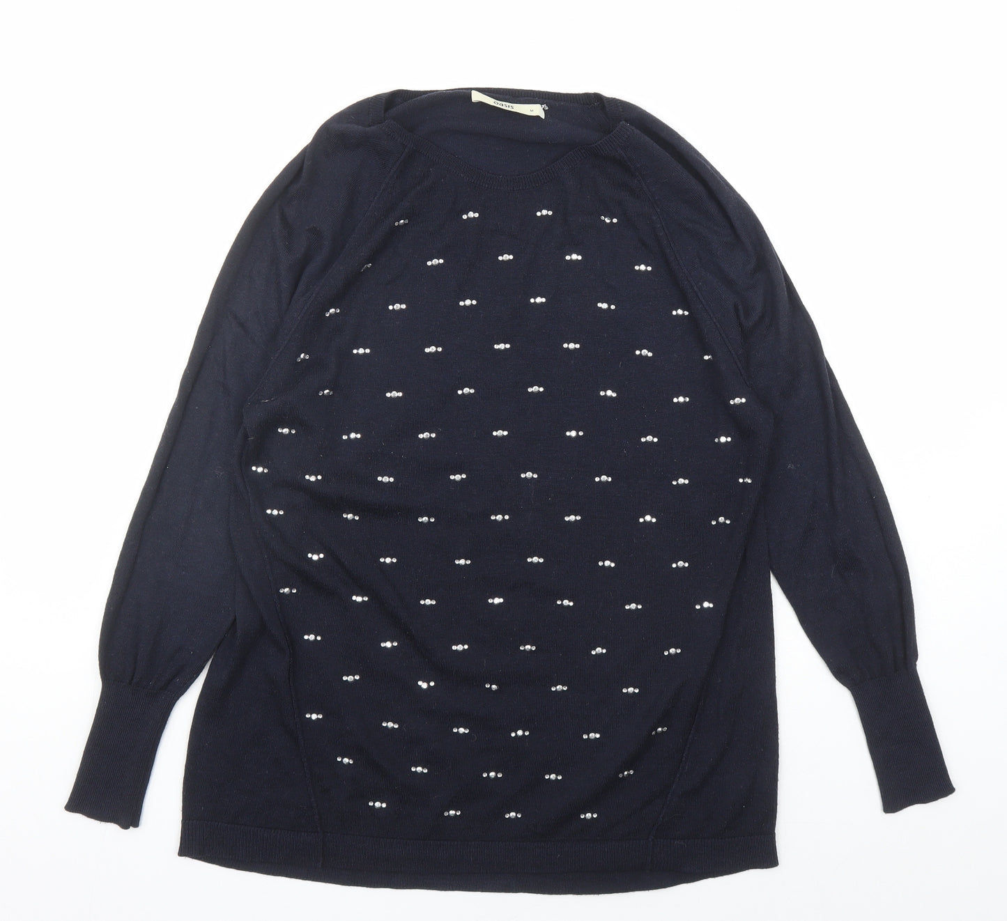 Oasis Womens Blue Round Neck Acrylic Pullover Jumper Size M - Rhinestone Detail